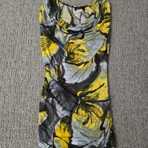 Lipstick Floral Cowl Neck Bodycon Top Ruched Sleeveless Yellow Gray S